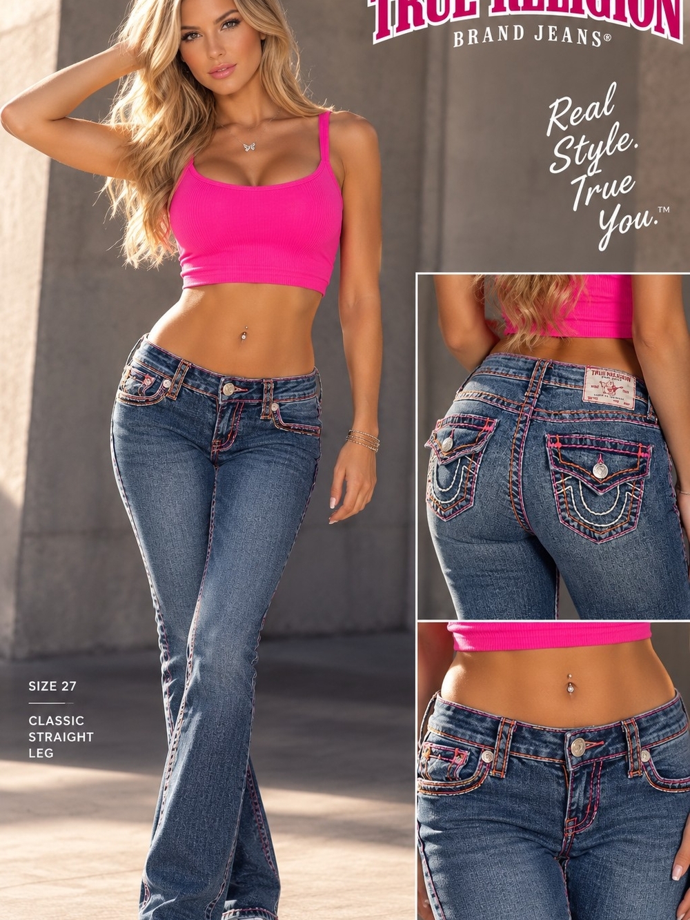 True Religion Women's Pink Trim Classic Straight Jeans